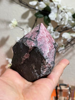 Rhodonite Semi Polished point and Clear Quartz cluster